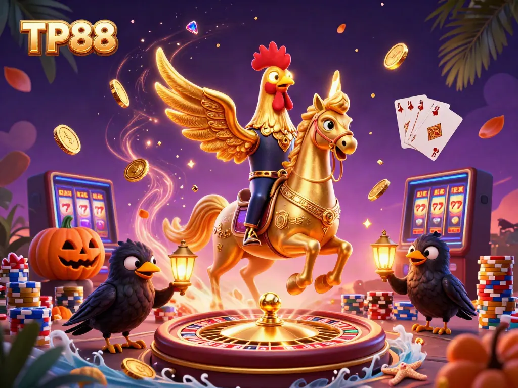 TP88 features a golden rooster riding a spectral horse in a vibrant casino scene.