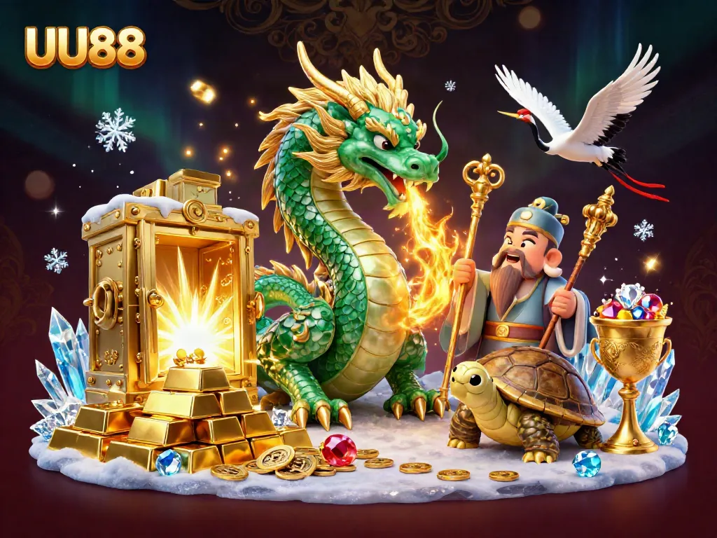 Experience the magic of UU88 with a vibrant 3D dragon, turtle sage, and treasure, capturing online casino excitement.