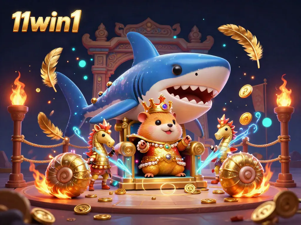 Experience thrilling gaming action at 11win1 with a stunning 3D illustration of a golden hamster king and oceanic themed elements.