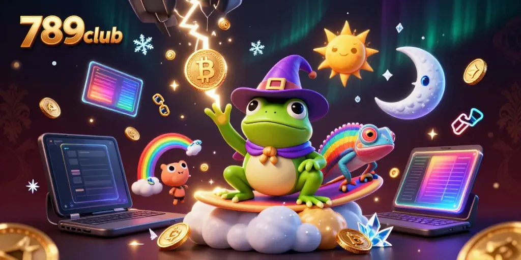 Engage with the magical world of 789club as the wizard frog unleashes a coin storm amid vibrant gaming elements.