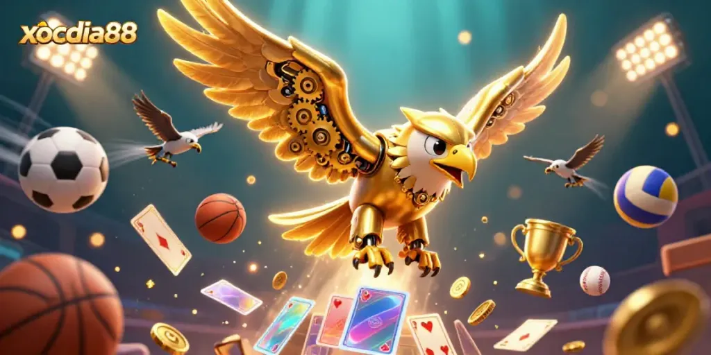 Engage in xocdia88 online gaming excitement with dynamic 3D illustration of a golden eagle amidst casino elements.