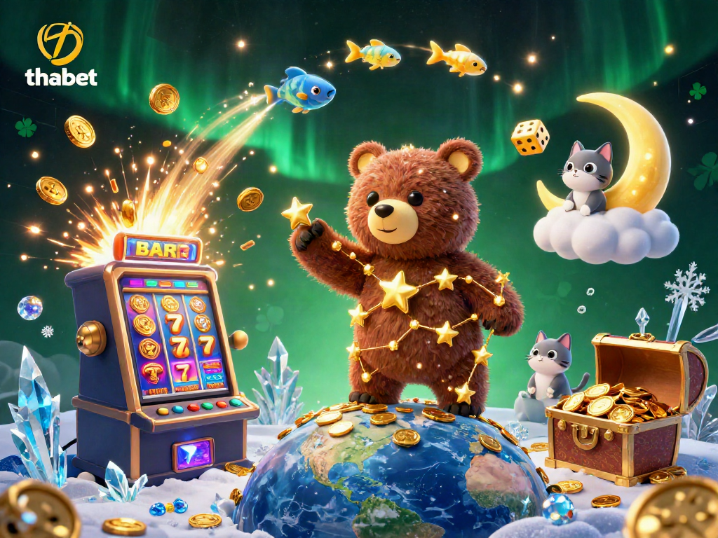 Engage with thabet's vibrant casino experience featuring a whimsical bear, coins, and dazzling jackpots.
