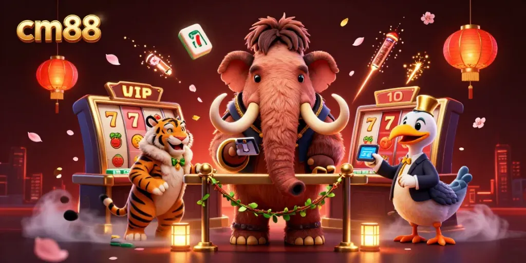 Engage in thrill with cm88 slots featuring a vibrant 3D scene of a mammoth bouncer and tiger VIP.