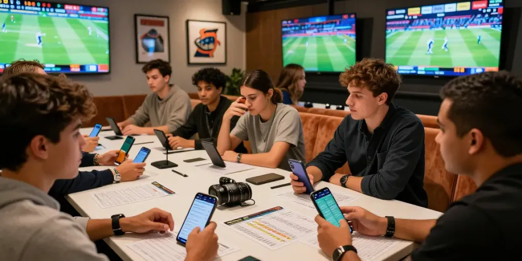 Engaging sports betting scene at Lotus365 with friends discussing cricket and football bets.