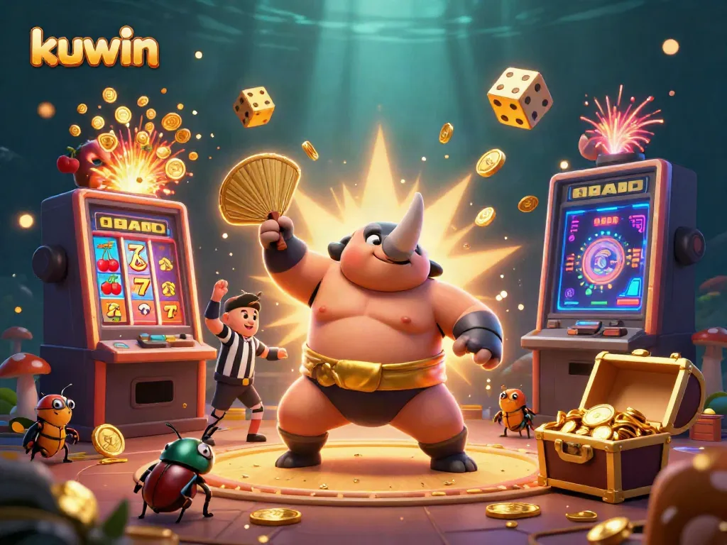 Kuwin gaming scene with a rhinoceros beetle champion surrounded by dynamic casino elements.