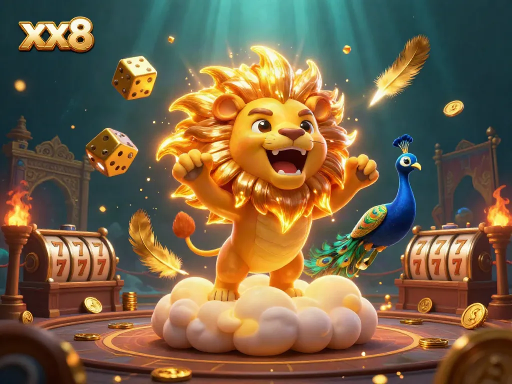 Join the action at xx8 casino with exciting gameplay illustrated by a roaring sun lion and golden dice.