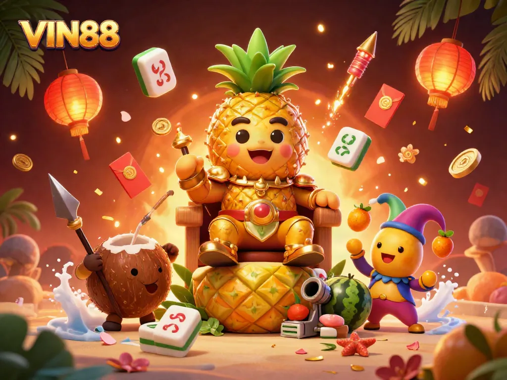 Experience thrilling games at VIN88 with a dazzling golden pineapple king and vibrant casino elements.