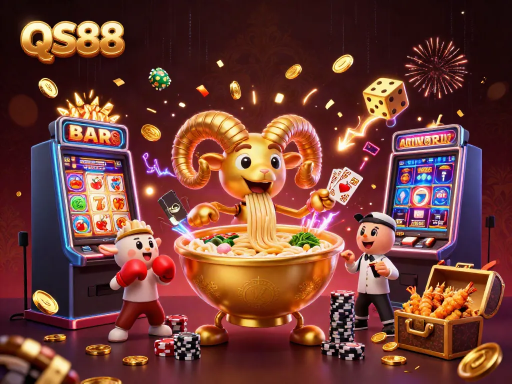 Engaging QS88 casino scene with a golden ramen bowl dealer and vibrant game elements for an immersive experience.