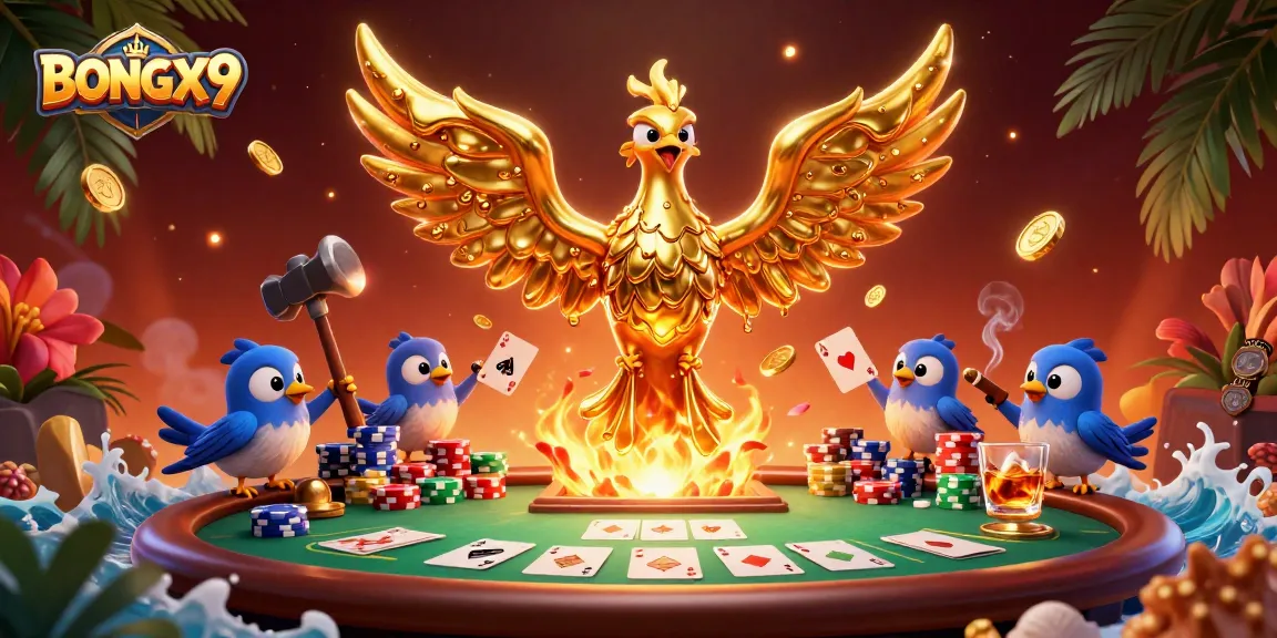 Engage with BONGX9's dynamic 3D illustration of a golden phoenix emerging from a forge, surrounded by poker elements and vibrant casino atmosphere.