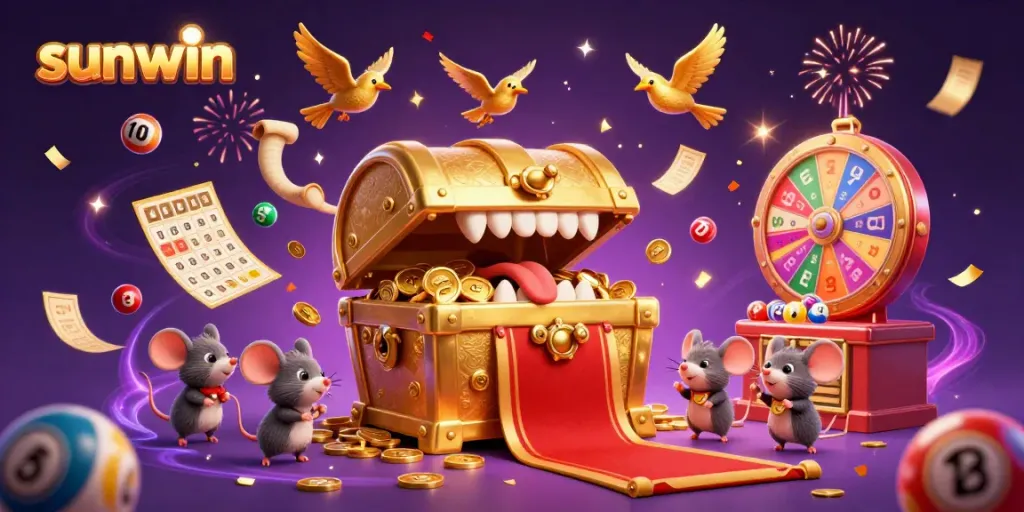 Experience the excitement of sunwin with a vibrant scene filled with colorful lottery elements, treasure chests, and dynamic gameplay.