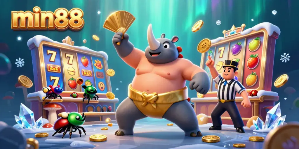 Feel the thrill at min88 as the sumo champion beetle celebrates with flying coins in a vibrant casino atmosphere.