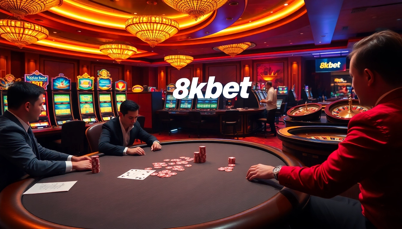 Experience the thrill of 8kbet gaming with vibrant casino tables, colorful slots, and excited players.