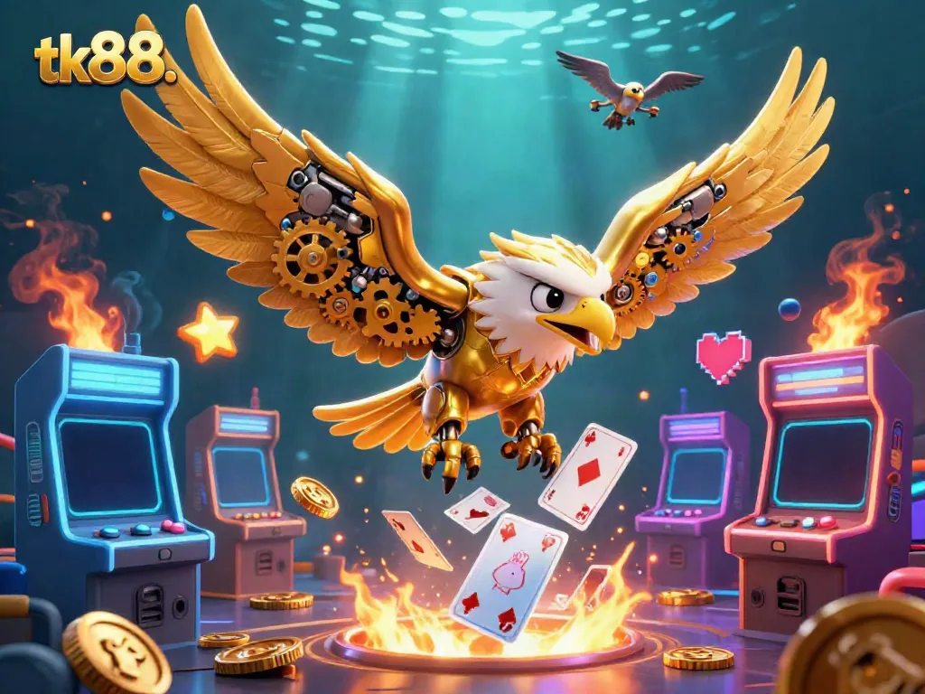 Engage with tk88. through a captivating scene featuring a golden eagle soaring among glowing arcade elements and holographic cards.
