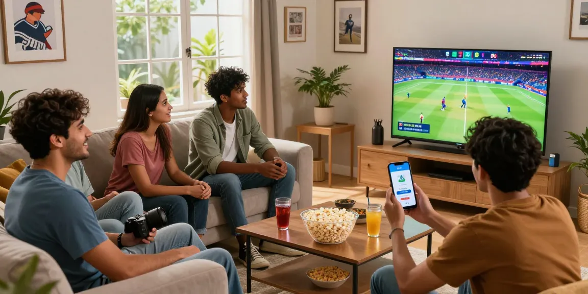 Pikashow APK download showcased on smartphone while friends enjoy IPL cricket match streaming on TV in cozy living room.