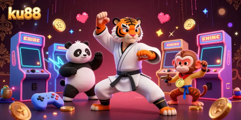 Experience thrilling gameplay action with ku88 as a kung fu tiger and panda disciple navigate a vibrant casino world.