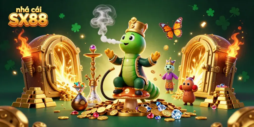 Experience the excitement at nhà cái SX88 with vibrant casino-themed 3D illustration full of treasures.