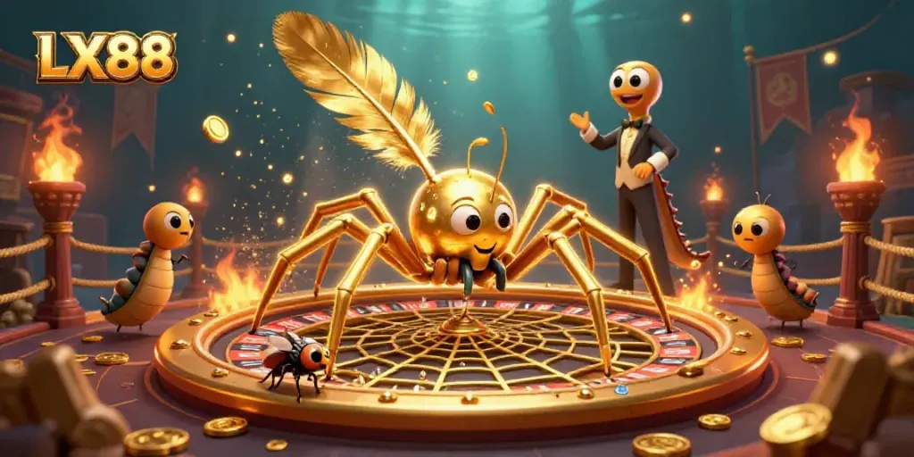 Experience the excitement of LX88 with a golden spider and centipede croupier in a dramatic casino scene.