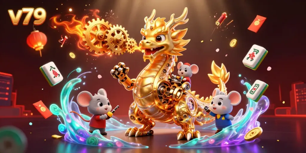 Experience the thrill of v79 with a golden dragon breathing gears amidst floating casino elements.