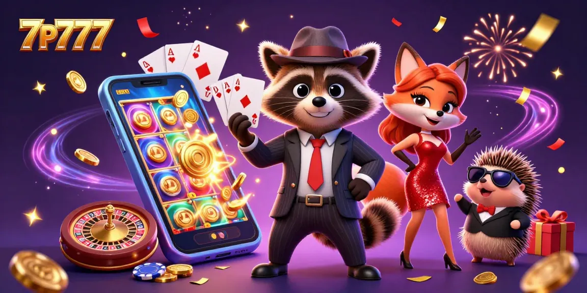 Interact with the exhilarating world of 7P777, featuring animated casino characters and vibrant gaming elements.