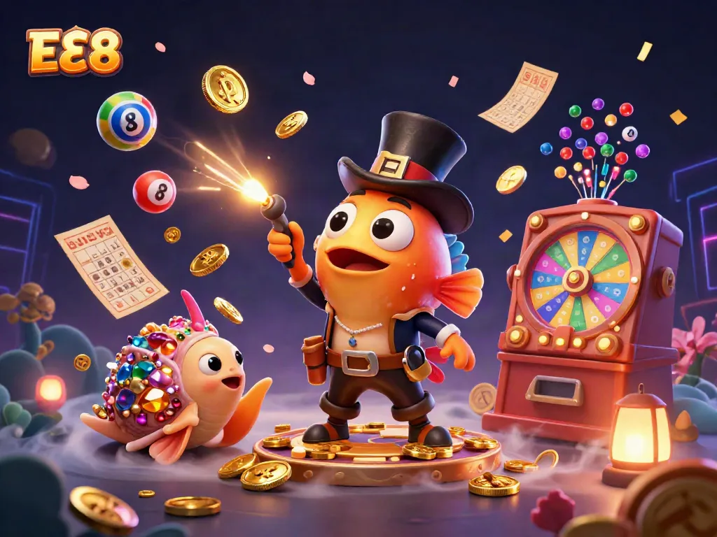 Experience winning with EE88, an illustration of winning games featuring animated deep-sea characters and colorful lottery elements.