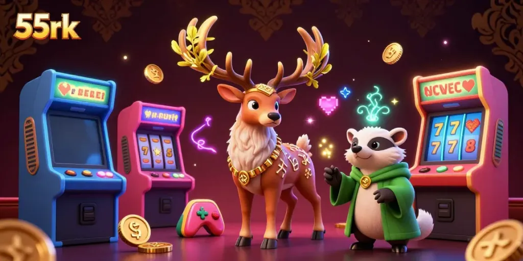 Experience thrilling gaming at 55rk with 3D characters in an immersive casino scene filled with vibrant game elements.