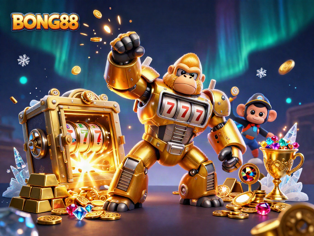 Experience the thrill of BONG88 with an explosive 3D jackpot scene featuring a golden gorilla mech.