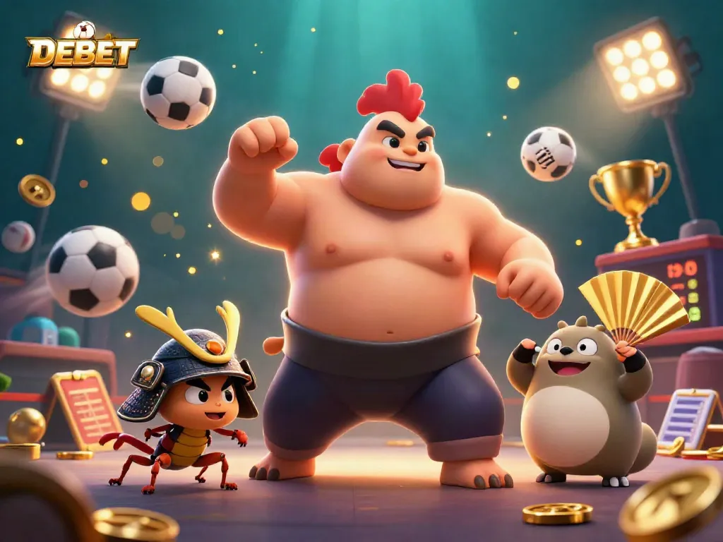 Engage with DEBET sports betting elements featuring a powerful sumo rooster, fierce cricket, and tanuki announcer in an animated casino scene.