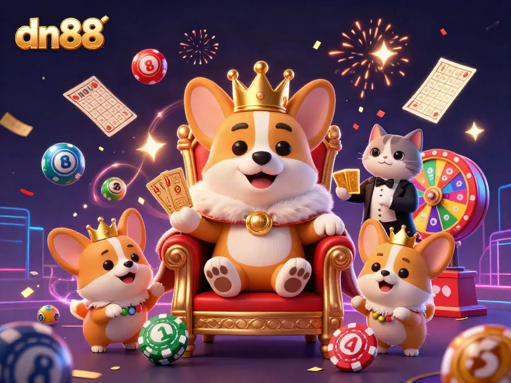 Experience exciting gameplay at dn88 with a royal corgi, golden cards, and vibrant casino elements.
