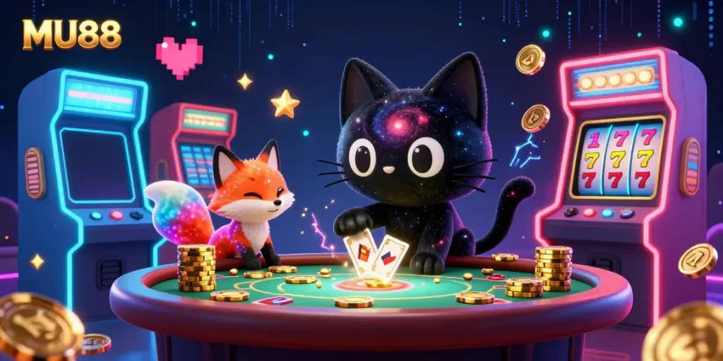 Engage in thrilling gaming at MU88's cosmic casino featuring vibrant characters and countless prizes.