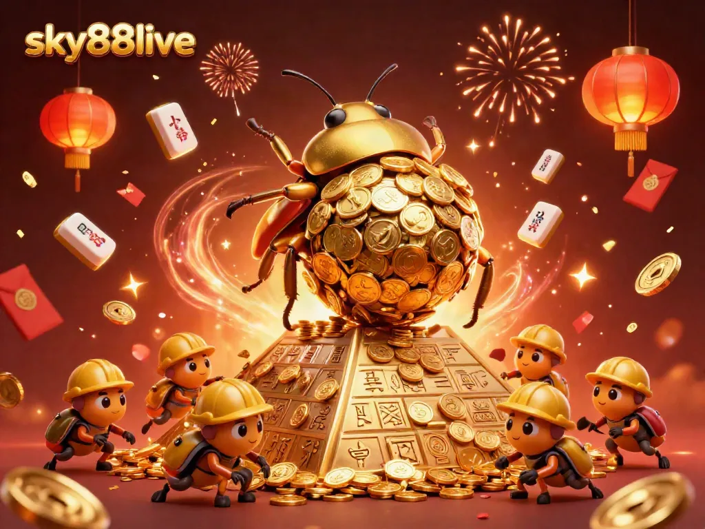 Experience thrilling gaming action with sky88live as golden beetles roll coins under fireworks.