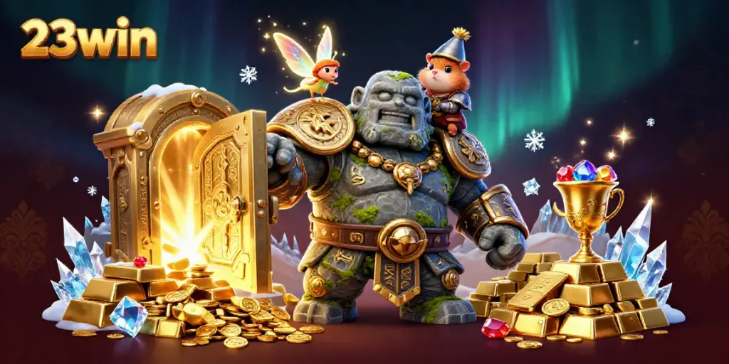 Engage in the magical realm of 23win where the ancient golem guardian and fairy sparkles embody online casino excitement.