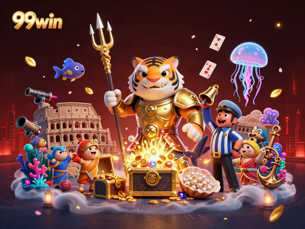 Experience the thrilling action of 99win, featuring a golden-armored shark gladiator amidst underwater treasures and cheering aquatic spectators.
