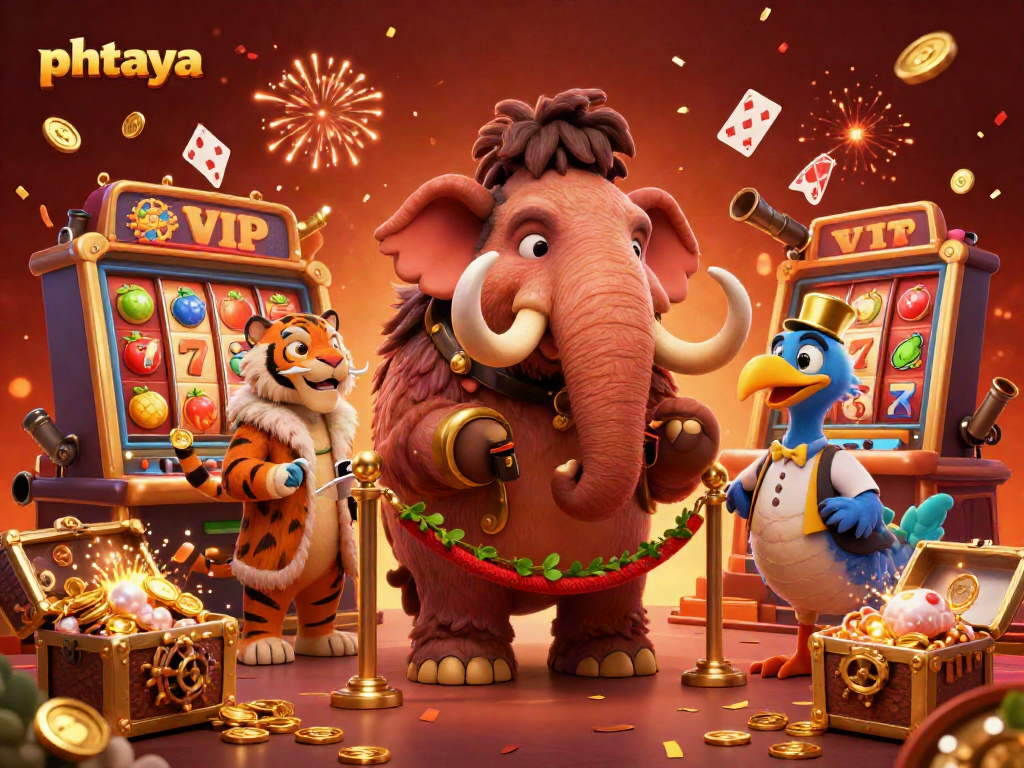 Phtaya casino experience with a cartoon mammoth bouncer, saber-tooth tiger VIP, and treasure-filled slot games.