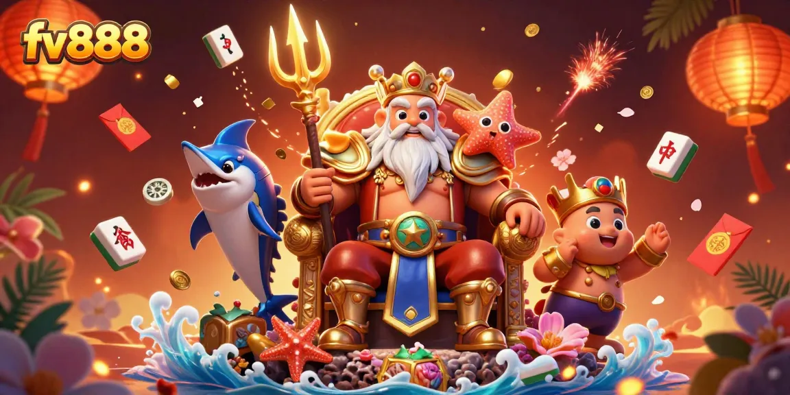 Spin and win big at fv888 with thrilling gaming adventures featuring sea king Neptune and festive elements.