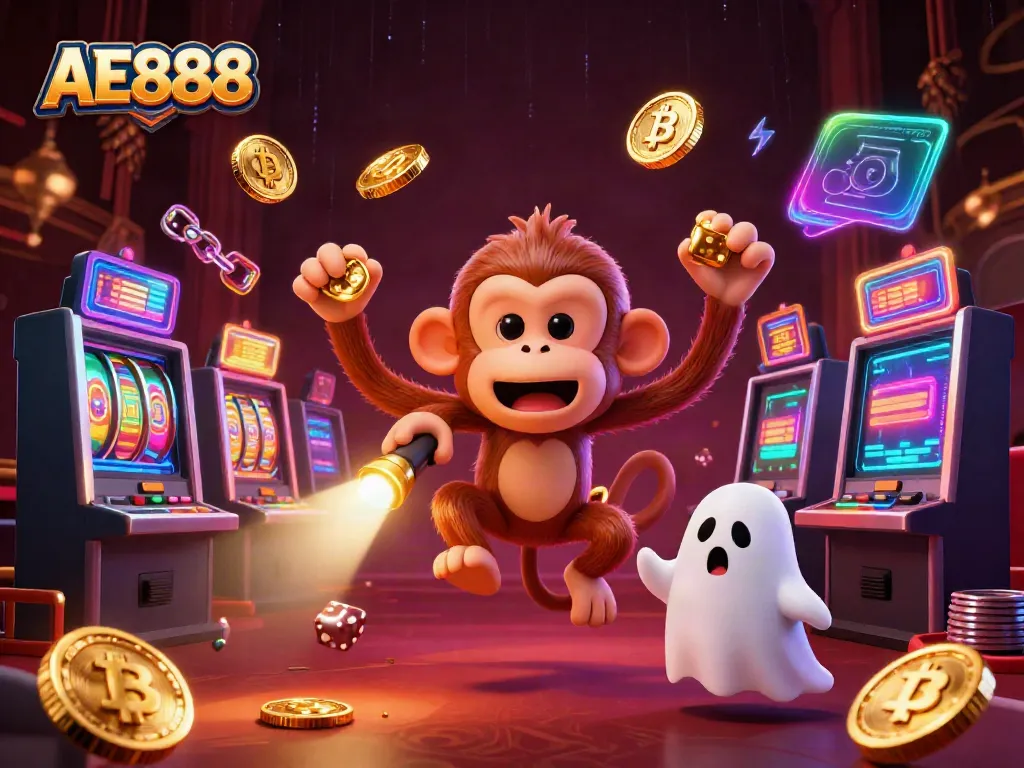 Engage with AE888's vibrant casino scene, featuring a poltergeist monkey and a ghost-hunter puppy amidst slot machines and crypto coins.