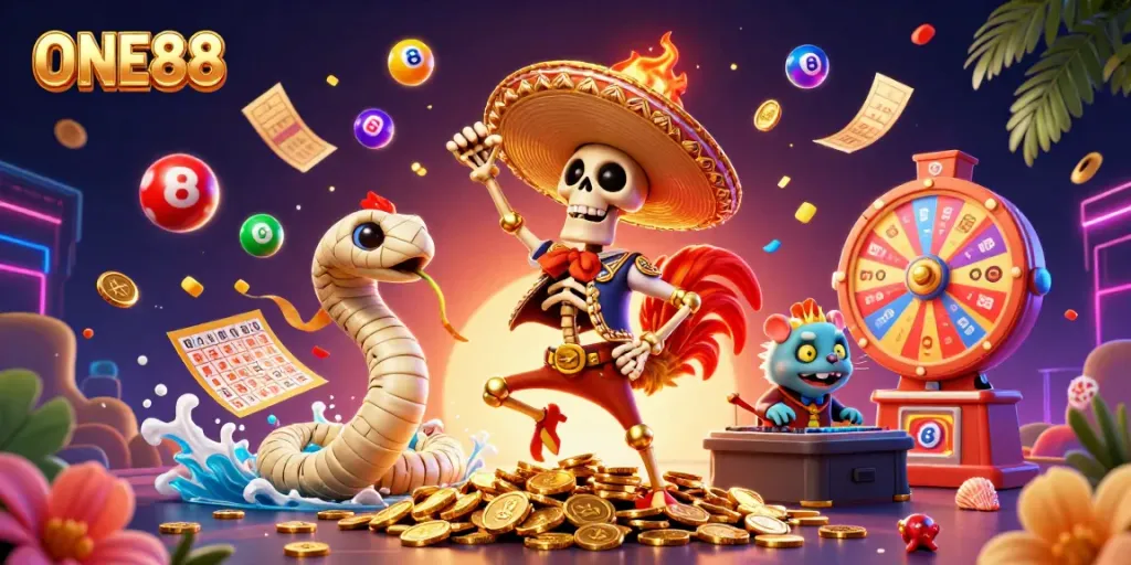 ONE88 casino features vibrant characters and rich elements, celebrating dynamic gaming action.