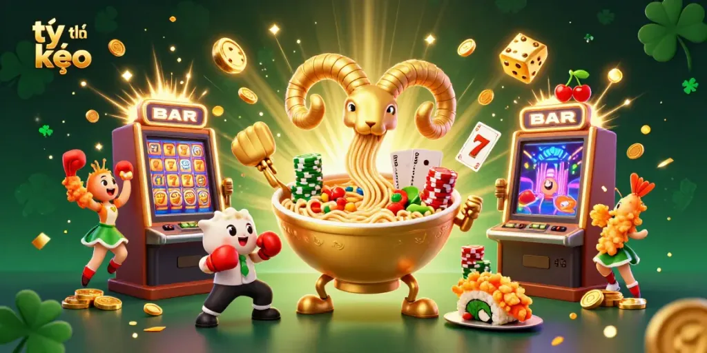 Experience thrilling tỷ lệ kèo action with lively casino characters including a golden ramen bowl and dynamic scenes.