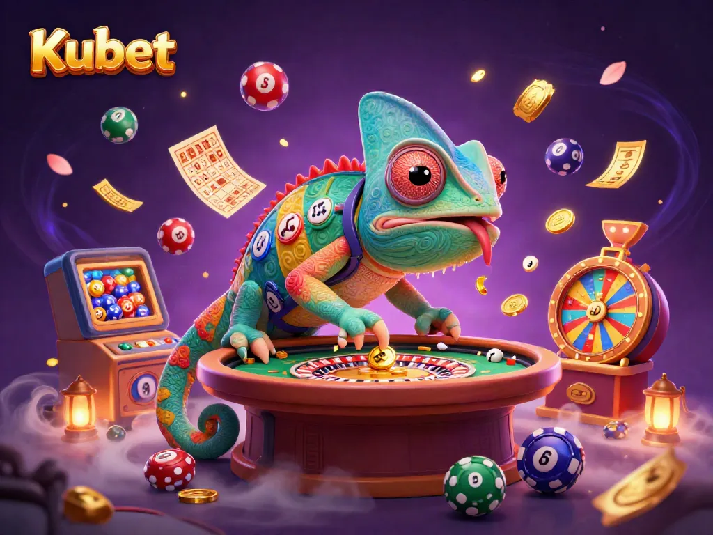 Kubet casino scene showing a colorful chameleon owner amidst lottery balls, bingo cards, and prize wheels, enhancing engagement.