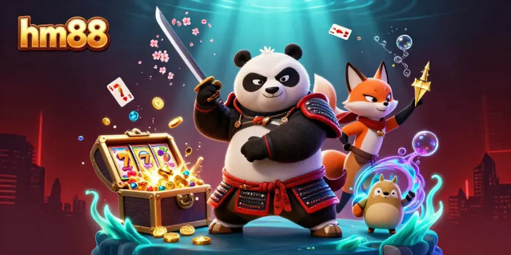 Experience thrilling gameplay with hm88's samurai panda and ninja fox in an engaging casino scene.