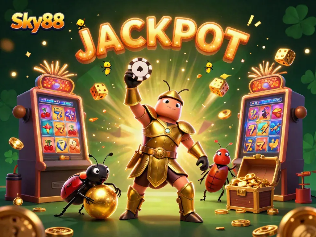 Experience the thrill of winning with Sky88's vibrant jackpot scene featuring animated characters and casino elements.