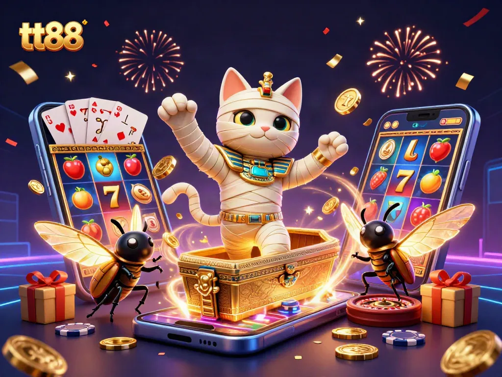 Win big with tt88 at the pyramid casino featuring a mummy cat and glowing scarab beetle!