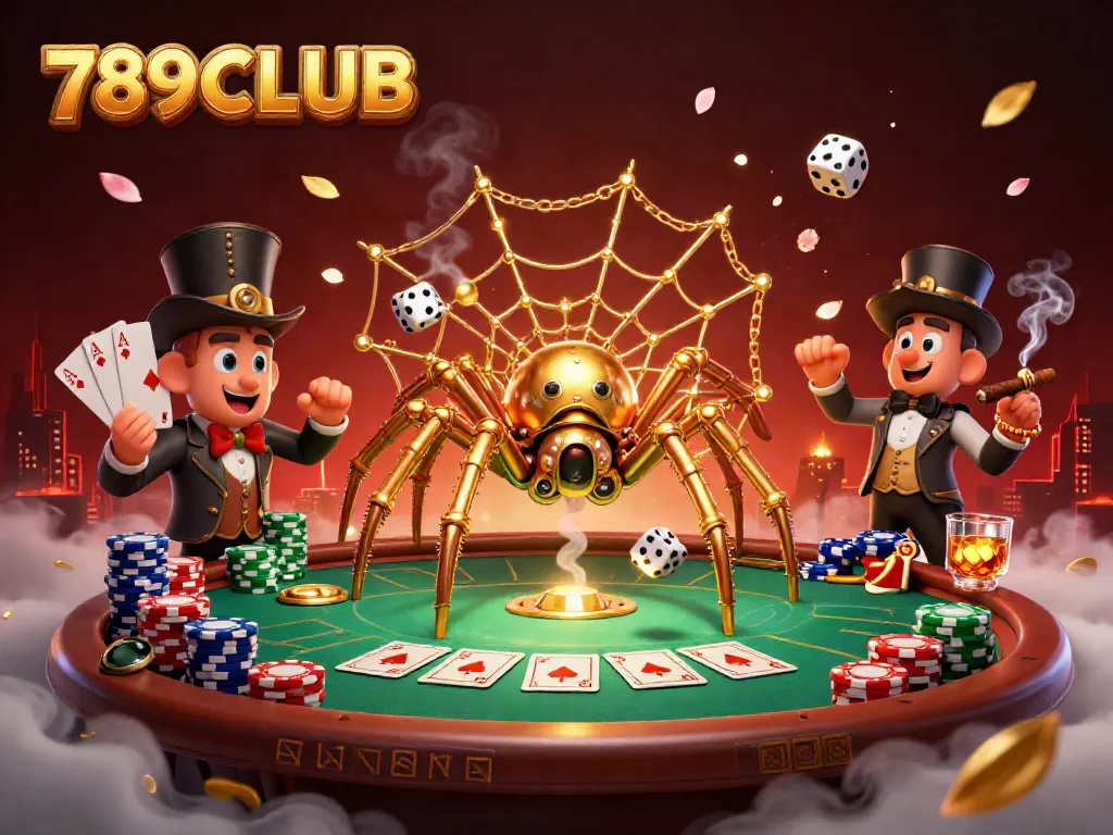 Engage with 789CLUB's thrilling gaming scene featuring a steampunk spider and poker elements.