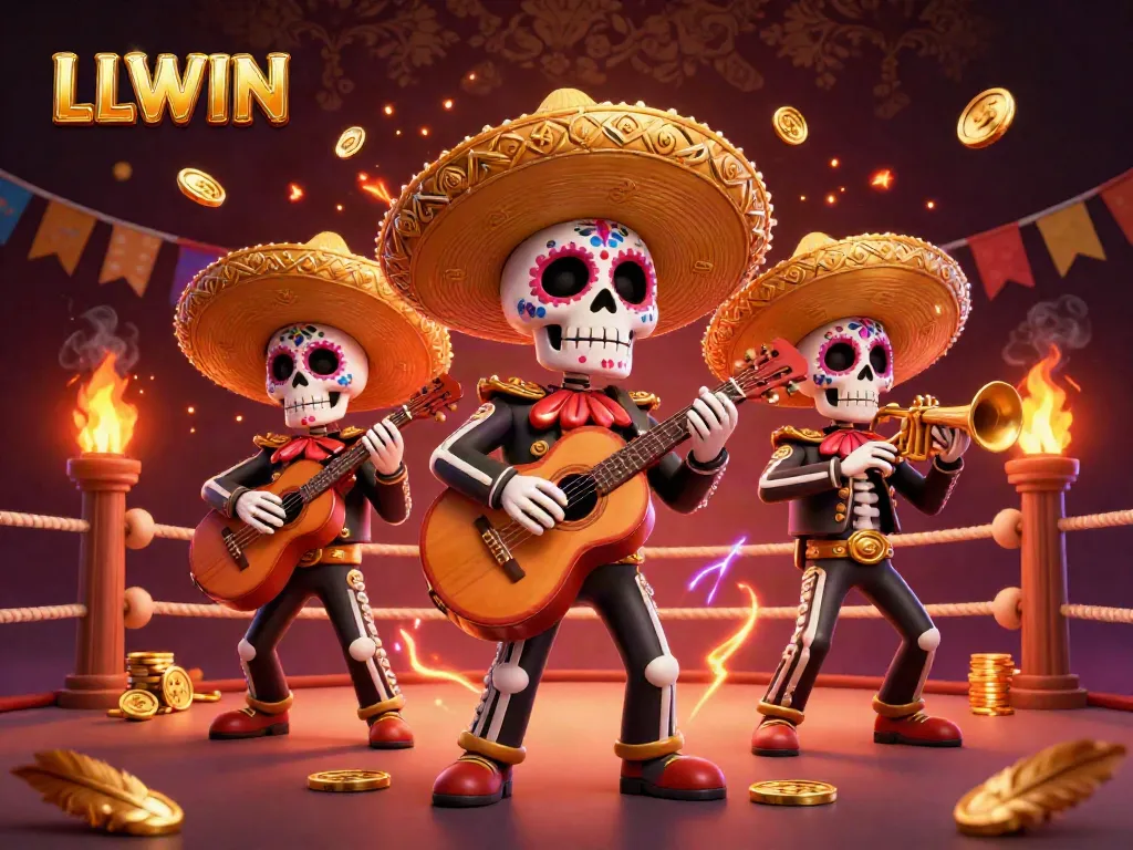Experience the excitement of LLWIN gaming with vibrant mariachi skeletons amidst a dynamic casino scene.