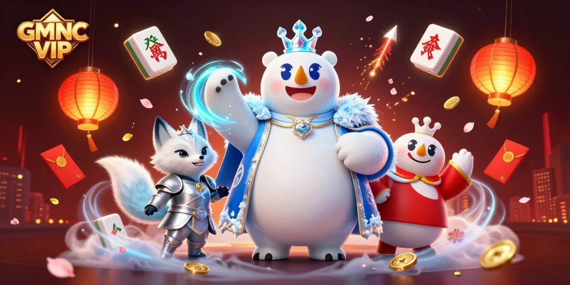 Spin the reels of GMNC VIP with the captivating polar bear and snow fox amidst 3D casino elements.