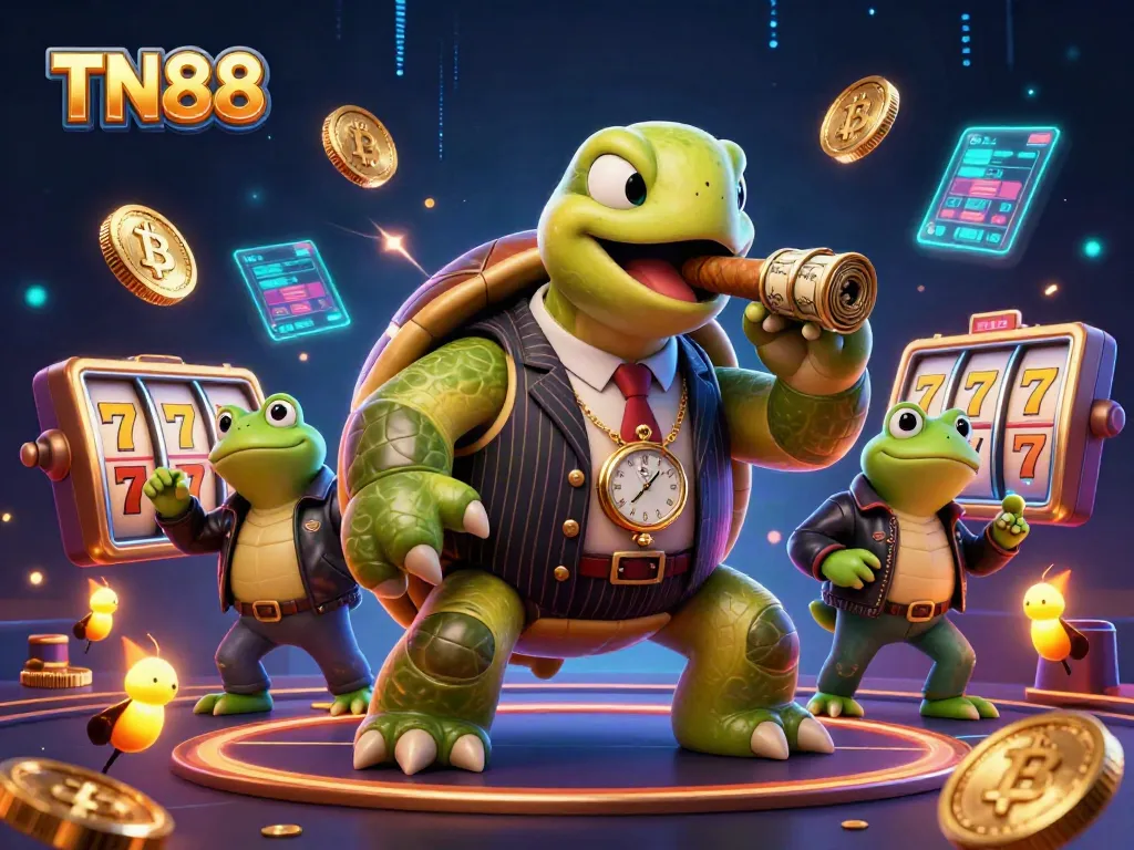Engage with TN88's vibrant casino world featuring a massive snapping turtle and bullfrog enforcers.