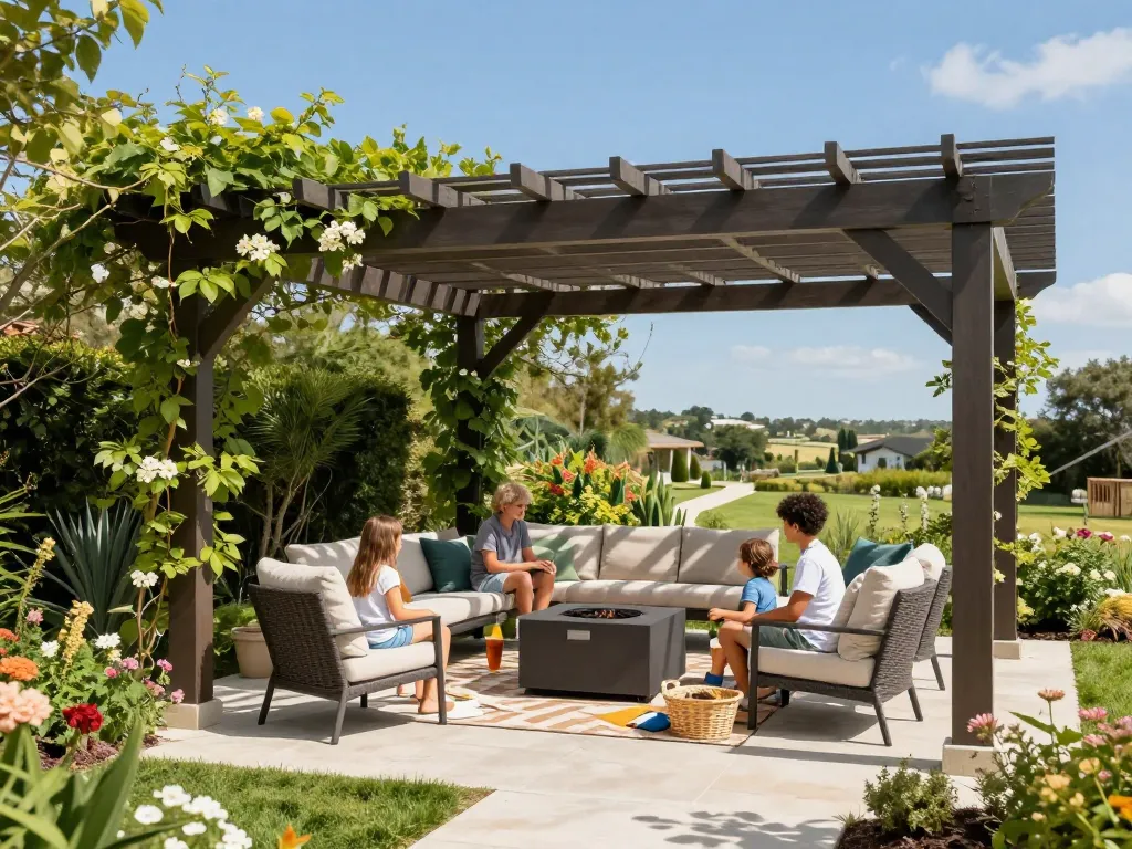 Family enjoying a sunny day under a custom pergola configurator design with beautiful outdoor furniture.