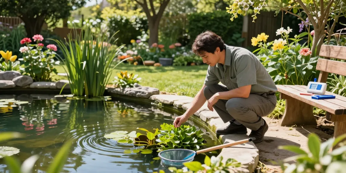 pond expert near me examining beautiful backyard pond with tools in a serene garden setting