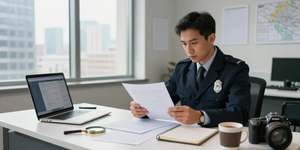 굿탐정 흥신소 investigator reviewing case files in a modern office.