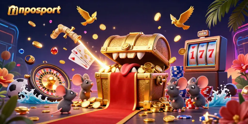 Engage with mposport in a vibrant and dynamic gaming illustration featuring casino elements and sports themes.