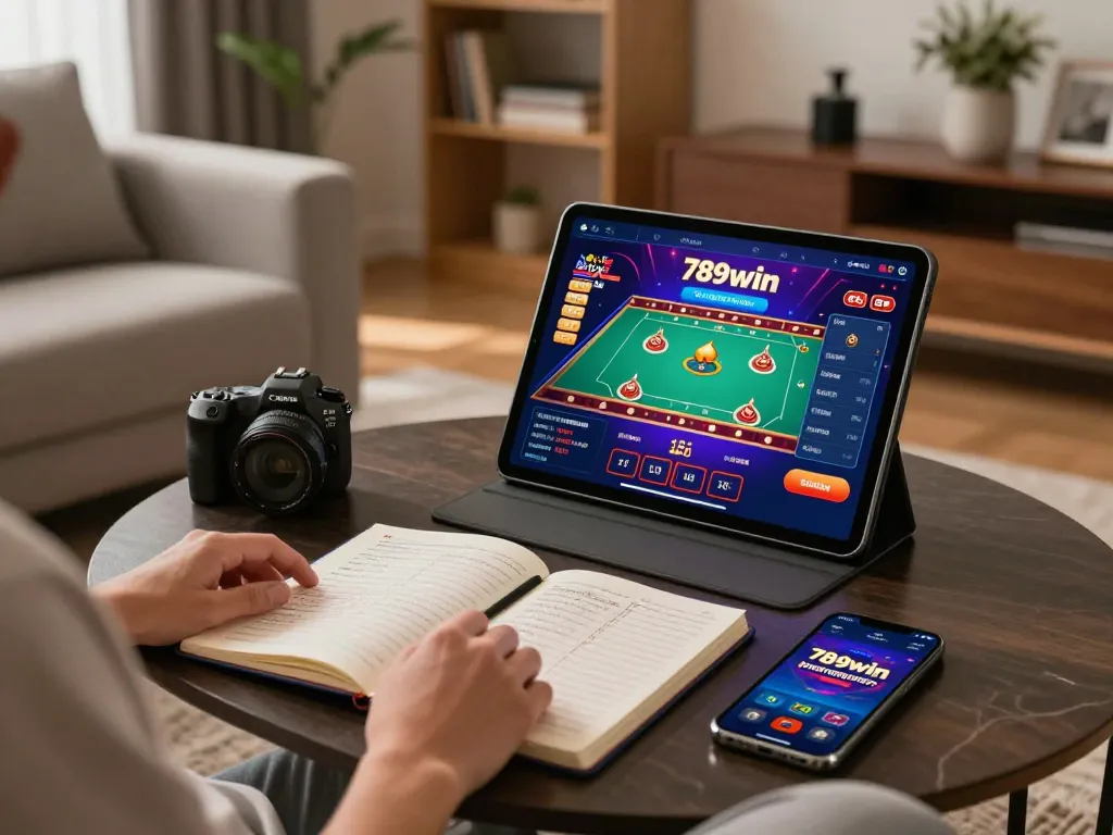 A person enjoying a gaming session with the 789win link displayed on a tablet, surrounded by notes and a smartphone in a cozy home setting.